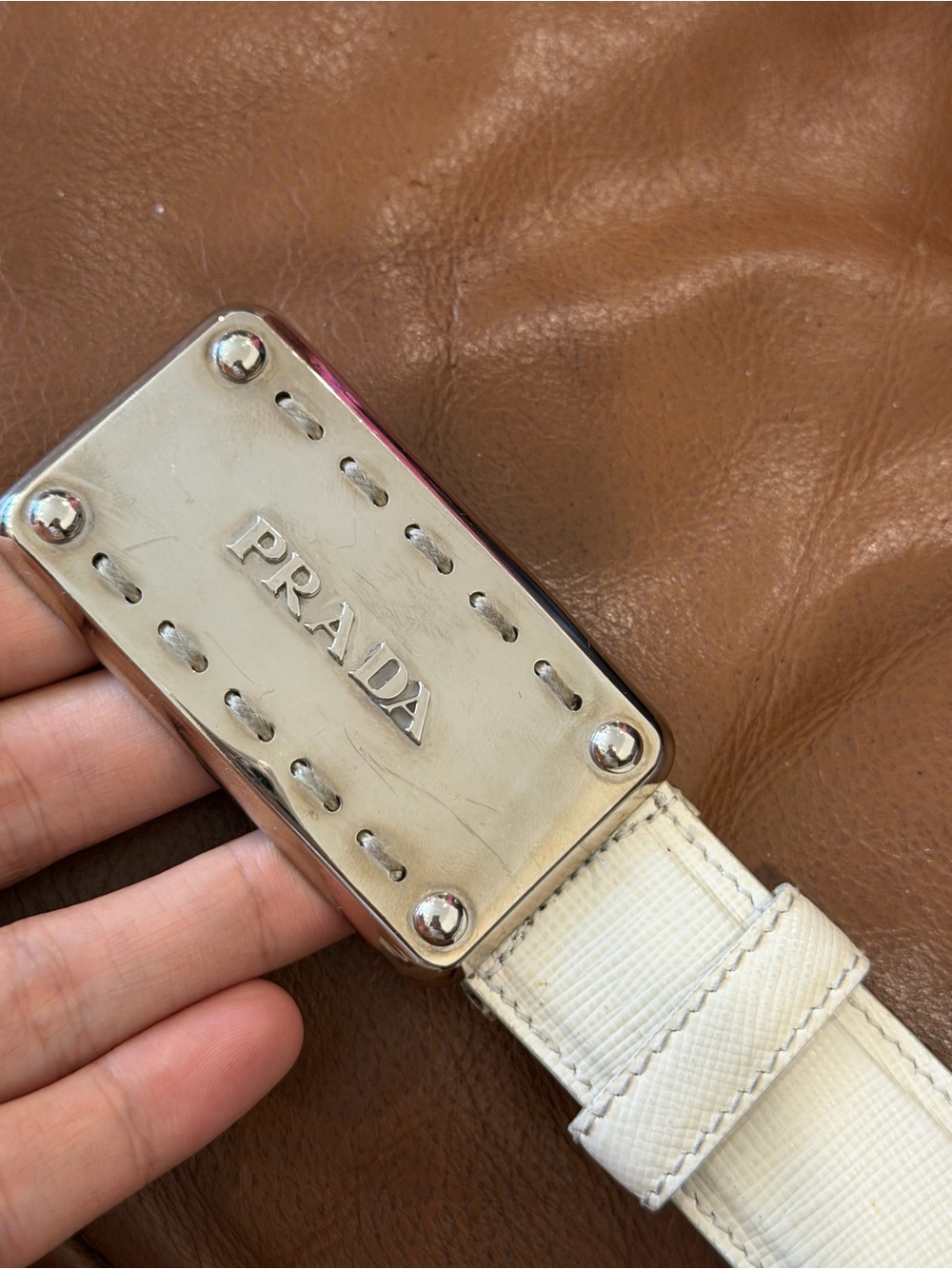 Prada Cream Saffiano Leather Womens Belt with Silver Plaque - Picture 2 of 10